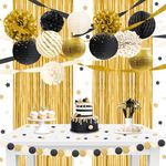 NICROLANDEE Black Gold Party Decorations, 22 PCS Gold Metallic Foil Fringe Backdrop Curtains Paper Lanterns Tissue Pom Poms Decor for New Years Eve Party, Christmas, Wedding, Birthday, Graduation