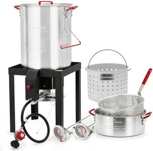 30 Qt Turkey Deep Fryer & 10 Qt Fish Fryer Kit, Aluminum Seafood Crawfish Boiler Pot w/38000 BTU Outdoor Propane Stove Burner Stand for 20 Lb Turkey, Thermometer, Injector, Turkey Rack & Lifting Hook