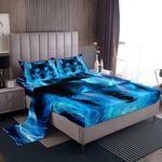 Wolf Bed Sheet Set Safari Animal Bedding Sheets Cool Wildlife Style Fitted Sheet for Boys Girls Kids Bedroom Decor Glitter Blue Wild Wolf Bed Cover With 1 Flat Sheet+ 1 Fitted Sheet+ 1 Pillowcase Twin