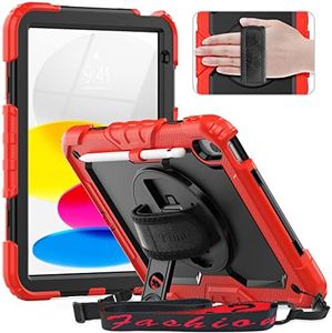 Timecity Case for iPad 10th Generation 10.9 inch, Case for iPad 10 Gen: with Strong Protection, Screen Protector, Hand Strap, Shoulder Strap, 360° Rotating Stand, Pencil Holder - Red