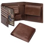 GSG Mens Cowhide Leather Wallets with Coin Pocket,17 Credit Card Slots, 2 Banknote Compartments Genuine Leather RFID Wallet Brown