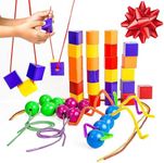 Skoolzy Rainbow Stringing Beads for Toddlers 46 Pcs | String Beads with Strings, Pipe Cleaners and Bag | Montessori Toys Occupational Therapy