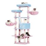 Heybly Cat Tree for Large Cats,68 inch Multi-Level Cat Tower for Indoor Cats,2 Widened Plush Perches Cat Condo with Scracthing Board and Big Caves,Blue and Pink HCT025BP