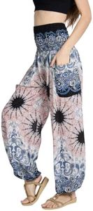Boho Harem Pants Women with Pockets High Waist Elastic Ankle, Loose Flowy Dance Palazzo Yoga Trouser, Bohemian Hippie Clothes (US, Alpha, X-Large, Regular, Regular, Apricot Pink Flower)