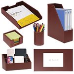 6 Piece Office Supplies/Desk Organizer Set with Desktop Leather Writing Pad,File Paper Tray,Magazine folder Holder, Pen Cup,Sticky Note Holder,Letter Mail Sorter,Workspace Decor for Women Men (Brown)