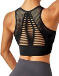 RIOJOY Sports Bra High Impact Support for Women Seamless Hollow Out Padded Yoga Crop Top, 14P-16P(XL), Black