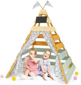 GYMAX Large Teepee Tent, Wooden Play Tent with Removable Chalkboard, Washable Flags and Door Curtains, Outdoor Indoor Kids Teepee for 3-8 Years Old Boys Girls, 136x135x170cm