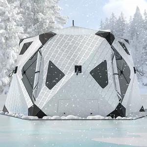 XQZMZSCP Ice Fishing Shelter, 3-8 Person Insulated Tent, Pop Up Portable Ice Shanty, Thermal Hub with Removable Floor Mat, Carrying Bag (Silver)