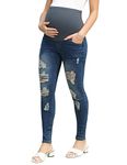 Maternity Ripped Jean Slim Fit High Waist Bigger Butt Shaper Dark Blue XL