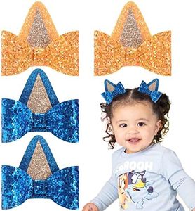 2 Pairs Blue Dog Ears and Orange Dog Ear Hair Bow Clips for Toddler Kids Adult Glitter Bows Halloween Costume Animal Cosplay Hair Accessories Birthday Party Supplies (Blue+Orange)