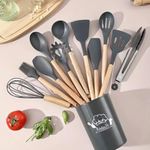 Royalkart Silicone Kitchen Utensil Set, 11 Pieces Cooking Utensil with Wooden Handles and Utensil Holder BPA Non-Stick, Heat Resistant, Kitchen Tools Set (Grey)