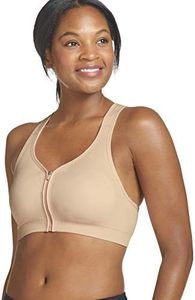 Jockey Women's Bra Mid Impact Zip Front Sports Bra, Nude, Large