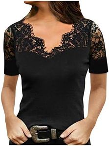 Xmiral Camicetta da Donna con Spalle Scoperte Manica Corta Pullover da pendolare con Scollo a V in Pizzo (S,3Nero)