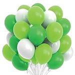 Prextex 75 Dinosaur Party Balloons 30 CM Green and White Balloons with Ribbon for Dinosaur or Safari Color Theme Party Decoration, Baby Shower, Birthday Parties Supplies, Helium Quality