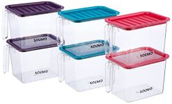 Amazon Brand - Solimo Plastic Multi-Purpose Fridge Storage Container with Handle & Lid I Fruit & Vegetable Basket I BPA Free I Food Grade Storage Container Set - 1100 Ml Set of 6, Multi-Colour