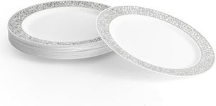 MATANA 20 Premium White Plastic Dinner Plates with Silver Lace Rim, 26cm / 10 Inch - Elegant & Reusable Party Tableware for Weddings, Birthdays, Picnic, BBQ, Parties