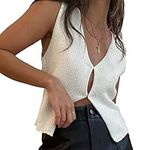 Women Y2k Button Down Crochet Knit Vest Sleeveless Hollow Out Crop Tops Vintage Casual V-Neck Versatile Streetwear, A-white, Medium