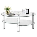 Multigot Tempered Glass Coffee Table, 3-Tier Cocktail Center Table with Open Shelf and Heavy-duty Steel Frame, Oval Snack Tea Sofa Side End Table for Living Room Office (Transparent)