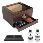 CASE ELEGANCE Glass Top Handcrafted Cedar Humidor with Front Digital Hygrometer, Humidifier Gel, and Accessory Drawer - Holds (25-50 Cigars)