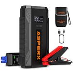 ASPERX Jump Starter 2000A Peak Portable Battery Jump Starter for Car(Up to 8.0L Gas or 6.5L Diesel)with Jump Leads,LED Flashlight &1.4 INCH LCD Display,Jump Pack for 12V Vehicles Pickup SUV Motorcycle