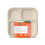 ECO SOUL [25 Pack, 3-Compartment Disposable Meal Tray|Compostable Bagasse Plates|Eco-Friendly Biodegradable Dinner Plates|Party, Wedding, Event Plates (Beige)