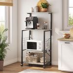 Bestier Bakers Rack, 4-Tier Microwave Stand Coffee Bar Table on Wheels, Utility Storage Rack with Sliding Shelf & 10 Side Hooks for Kitchen, Living Room, Dining Room, Wash Gray