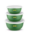 URBAN CHEF Microwave Safe Bowl | 1 Year Warranty | Diwali Gifts, Serving Bowl with Lid, Mixing Bowl, Oven Bowl Set Microwave, Flora Stainless Steel Bowl Set of 3 with 500ml, 800ml, 1250ml-Dark Green