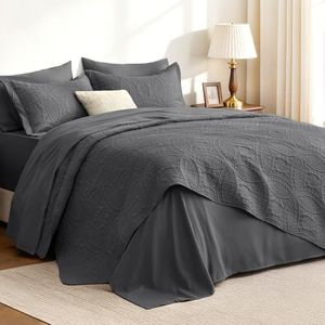 Love's cabin King Size Quilts Bedspreads, 7 Pieces Bed in a Bag, Dark Grey