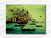 Namaste Home - Canvas Painting - varanasi Ganga Ghat - Traditional Art - Abstract Art - Canvas Painting for Home and Office (Cotton Canvas, Small Size 19X15 Inches, Multicolor)