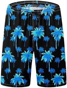 FT FENTENG Mens Swim Trunks for Men, Blue Coconut Palm Tree Mens Board Shorts Swimwear Bathing Suit with Mesh Lining, Funny Hawaii Quick Dry Beach Shorts for Men Swimming Trunks, X-Large