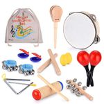 Boxiki kids Musical Instrument Set 16 PCS Rhythm & Music Education Toys for Kids. Includes Clave Sticks, Shakers, Tambourine, Wrist Bells & Maracas for Kids. Natural Toys with Carrying Case