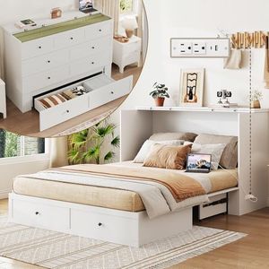 LIVAUVEAD Queen Murphy Bed with Storage & Charging Station, Murphy Cabinet with Foldable Panel, Noisy Free, for Guest Bedroom, Living Room, Office, Distressed White