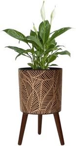 Opnons 12inch Black Plant Pots for Indoor Plants Large Boho Flower Pot with Stand Modern Planters with Gold Floral Embossed Standing Planter with Drainage for Living Room, Office, Garden or Balcony