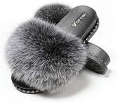 fur story Women's Fox Fur Slides for Summer Furry Slides for Outdoor Soft Flat Fluffy Slippers Black Size: 8 US