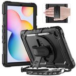 Timecity Case for Samsung Galaxy Tab S6 Lite 10.4'' 2024/2022/2020 (SM-P620/P625/P610/P615) Heavy Duty Protective Shockproof Case with Screen Protector,360 Rotating Stand and Hand/Shoulder Strap Black