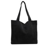 Kawn® Korean Tote Bag Aesthetic Corduroy Canvas Handbag for Women Zipper Casual Large Capacity Shoulder Bag with Pockets Versatile Everyday use for College Work Beach Travel & Shopping (Black)