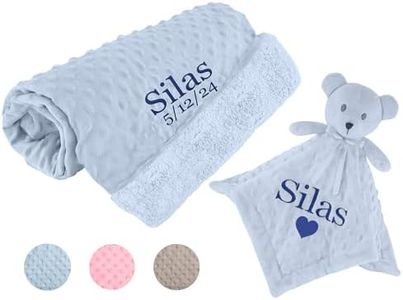 Personalized Passion Baby Blanket & Lovey Set - Super Soft Baby Swaddle Set with Embroidered Name, Birthdate - Newborn Blue Minky Blanket & Teddy Security Lovey for Girls and Boys