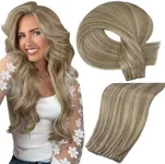 Full Shine Genius Weft Hair Extensions Human Hair Sew In Hair Extensions Real Hair Hand Tied Weft Color Light Brown Highlight Platinum Blonde Remy Straight Human Hair Weft 24 Inch 60G