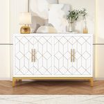 HOLTICO Wooden Kitchen Sideboard, Cabinet Storage Cupboard with 4 Doors, Modern Storage Cabinet with Gold Trim, Buffet Cabinet for Living Room, Kitchen, Dining Room, Hallway,White