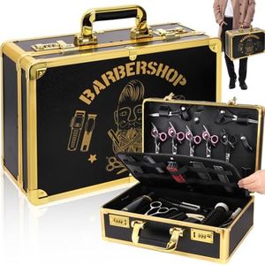 Goaste Professional Barber Supplies Case, 15.7" Barber Carrying Case with Code Lock, Double Layer Hairdresser Tool Box Organizer, Portable Travel Carrying Cases for Hair Stylist & Pet Groomer (Gold)