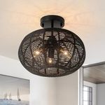 Boho Ceiling Light Fixture,3-Light Rattan Flush Mount Ceiling Light with Dimmable Led Bulb,Mini Hand Woven Wicker Light Fixture for Hallway Bedroom Nursery Entryway Farmhouse Living Room