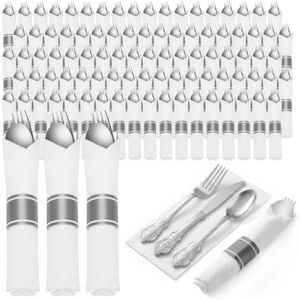 Bestluck 200 Pack Silver Plastic Silverware with Pre-Rolled Napkins