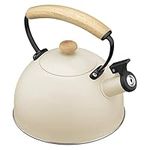 Navaris Stove Top Whistling Tea Kettle - 2.4 QT (2.3L) Stainless Steel Stovetop Kettle - Tea Pot for Induction, Electric & Gas Hob - Teapot for Stovetop - Cream