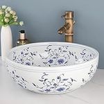 LONUEBU 16 Inch Bathroom Sink, Blue and White Porcelain Art Ceramic Round Bowl Sink Above Counter Vessel Sink with Bamboo Faucet and Pop-up Drain Combo