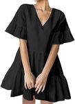 FANCYINN Cute Shift Tunic Dress Ruffle Swing Babydoll Juniors Mini Ruffle Dress with Pockets, Black, Small