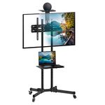 Mount-It! TV Cart Mobile TV Stand Wheeled Height Adjustable Flat Screen Television Floor Stands with Rolling Casters and Shelf, VESA Compatible TV Mount Bracket Fits Displays 37 to 70 Inch, 110 Lbs