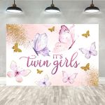 Lofaris 5x3ft It's Twin Girls Baby Shower Backdrop Pink Butterfly Kisses and Bday Wishes Gold Spots Flowers Photography Background for Princess Girl Party Decoration Banner Photo Booth