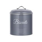 Innoteck Essentials Round Grey Biscuit Tin - Decorative Kitchen Food Storage - Easy to Open Airtight Lids and Handle - Storage Tin for Your Favorite Biscuit, Cookies and Other Sweet Treats