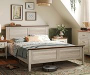 LINSY Wood Queen Bed Frame with Headboard, Farmhouse Bed Frame Queen Size with High Footboard, Wood Bed Fast Assembly, Noise-Free, No Box Spring Needed - Beige