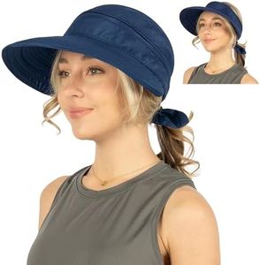 SUN CUBE Wide Brim Hats for Women, 2-in-1 Women Sun Hat Visor, Long Brim Ponytail Cap for Golf Beach Pool, Ladies UV UPF 50+ Protection Hat for Walking Hiking Safari Traveling Fishing Gardening, Navy